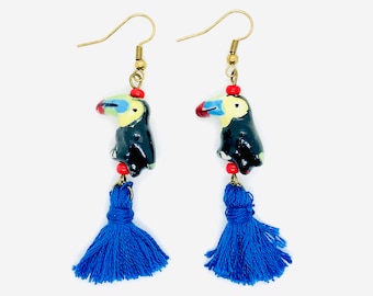 Parrot Earrings, Black, Blue, Red