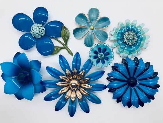 Flower Pins, Vintage 1960s, Prussian Blue - image 5