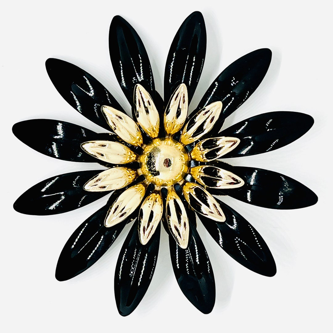 Black and Gold Flower Pin, Sarah Coventry, 1960s Etsy