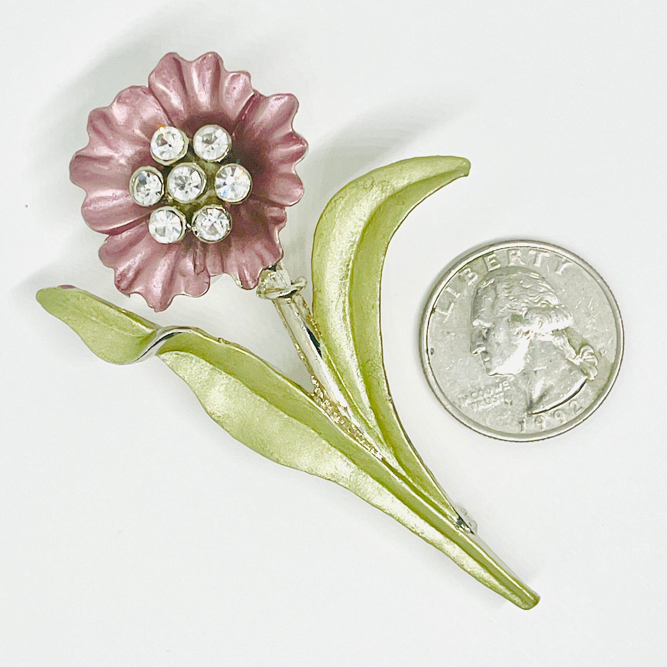 Satin Pink Flower Pin, Leaf and Stem Detail, Clear Rhinestone Clustered ...