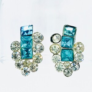 Rhinestone Screw Back Earrings, Aqua Blue, Nemo, 1950s