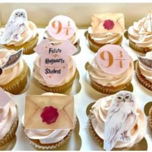 Puede incluir: Una docena de cupcakes con glaseado marrón claro y adornos decorativos. Los adornos incluyen un búho blanco, un sobre rosa con un sello de cera rojo y una camiseta rosa con el texto "Future Hogwarts Student". Otros adornos incluyen el número "9 3/4" y una snitch dorada.