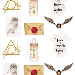 May include: A collection of watercolor illustrations featuring Harry Potter-themed elements. Includes a baby bottle labeled "Butterbeer", a white owl, a golden snitch, a letter with a red wax seal, a Deathly Hallows symbol, and a onesie with "Future Hogwarts Student" text.