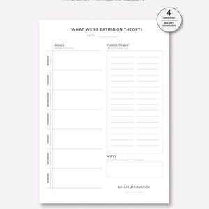 May include: A white printable meal and grocery list with sections for meals, things to buy, and notes. The text "Meal and Grocery List" and "What We're Eating (In Theory)" are at the top. Includes a section for a weekly affirmation.