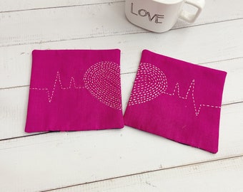 Fuchsia Pink Kantha Coaster set of 2, Hand Embroidered Coasters, Heartbeat Coasters, Gift for Her