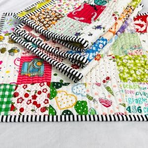Vintage-Inspired Colorful Patchwork Quilted Placemats 12x17 inches, One of a Kind Handmade Cotton Table Mats, Bright Kitchen Decor