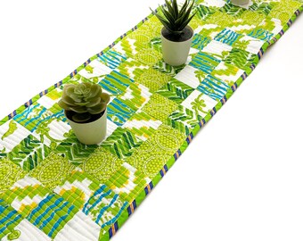 Green Quilted Table Runner - Block Print Skinny Table Runner - Summer Table Decor