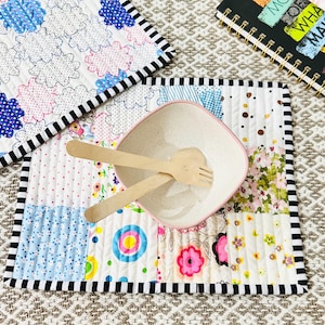 Mini Scrappy Patchwork Quilt 9 x 11 inches , Quilted Table Mats, Whimsical Placemat, Farmhouse Decor, Cottagecore Kitchen Table Mat