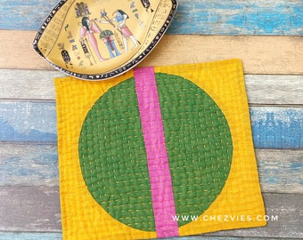 Hand Quilted Centre Table Mat, Patchwork Table Topper, Small Placemat,  Yellow Green
