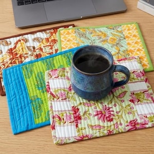 Mix Pattern Quilted Mug Rug: Small Cotton Block Print Placemat - 8" x 10" - Single
