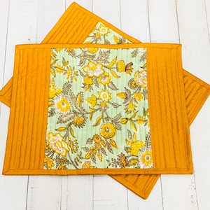 Mustard Yellow Patchwork Placemats set 2, Dining Table Quilted Placemats 11&quot; x 15&quot; Inches, Dresser Table Mat, Small Table Mats