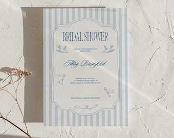 Blue Stripe Bridal Shower Invitation Template (Canva Editable)
