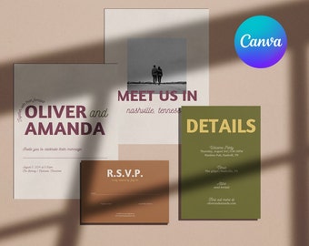 May include: A wedding invitation suite with a green, brown, and white color scheme. The invitation features the names "Oliver and Amanda" in a burgundy font. The RSVP card has a brown background with the text "R.S.V.P." in white. The details card has a green background with the text "DETAILS" in yellow. The text on the details card includes the date, time, and location of the wedding.
