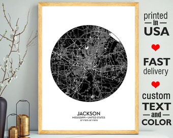 Jackson Map Print Poster, Jackson City Mississippi Print, Personalized Wedding Map Art Gift For Couple, Custom city map