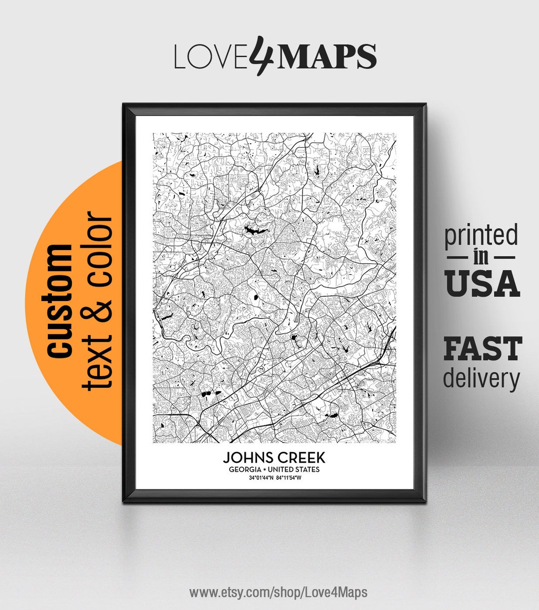 Johns Creek Georgia Map, Johns Creek City Print, Johns Creek Poster, Personalized Wedding Map ...
