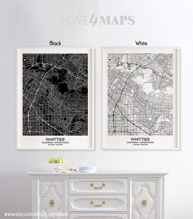 Whittier City Print Poster Custom city map Whittier College Personalized Wedding Map Art Gift For Couple Whittier California Map