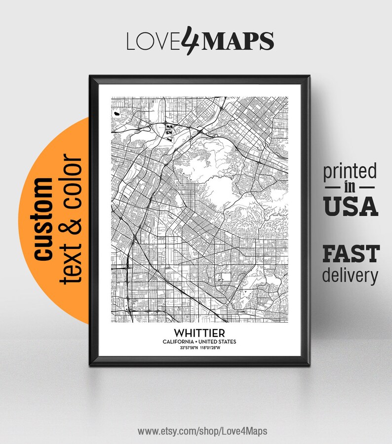 Whittier City Print Poster Custom city map Whittier College Personalized Wedding Map Art Gift For Couple Whittier California Map