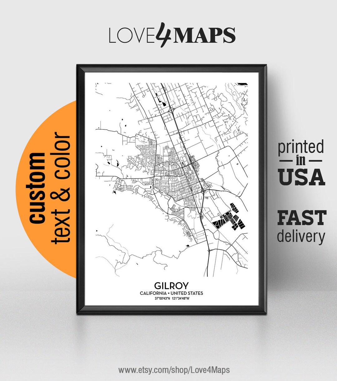 Gilroy California Map, Gilroy City Print, Gilroy Poster, Personalized