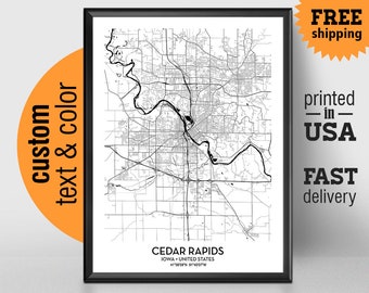 Cedar Rapids Iowa Map, Cedar Rapids City Print Poster, Coe College, Personalized Wedding Map Art Gift For Couple, Custom city map