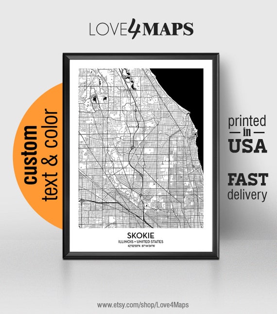 Skokie Illinois Map Skokie City Print Skokie Poster Etsy