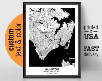 Hampton Virginia Map, Hampton City Print, Hampton Poster, Personalized Wedding Map Art Gift For Couple, Custom city map
