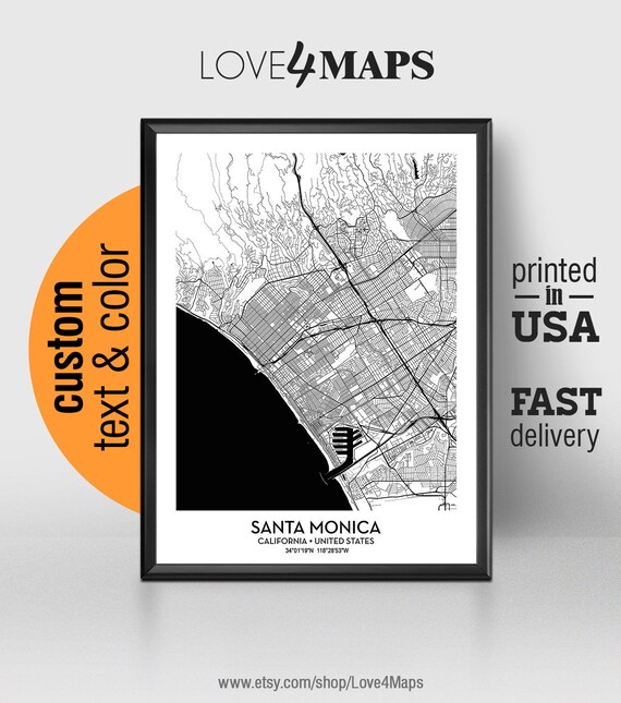 Santa Monica California Map Santa Monica City Print Santa | Etsy
