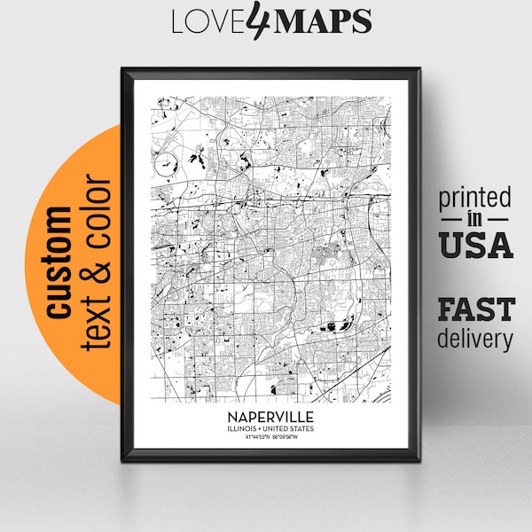 Naperville Illinois Map, Naperville City Print, Naperville Poster, Personalized Wedding Map Art Gift For Couple, Custom city map