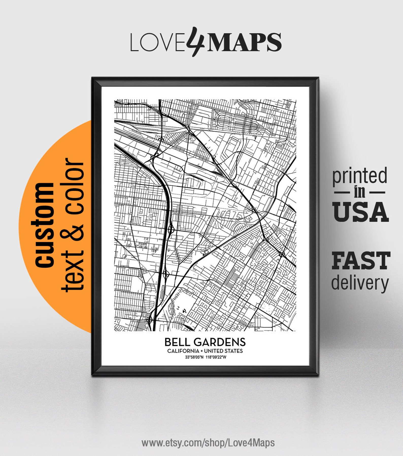 Bell Gardens California Map Bell Gardens City Print Bell Etsy