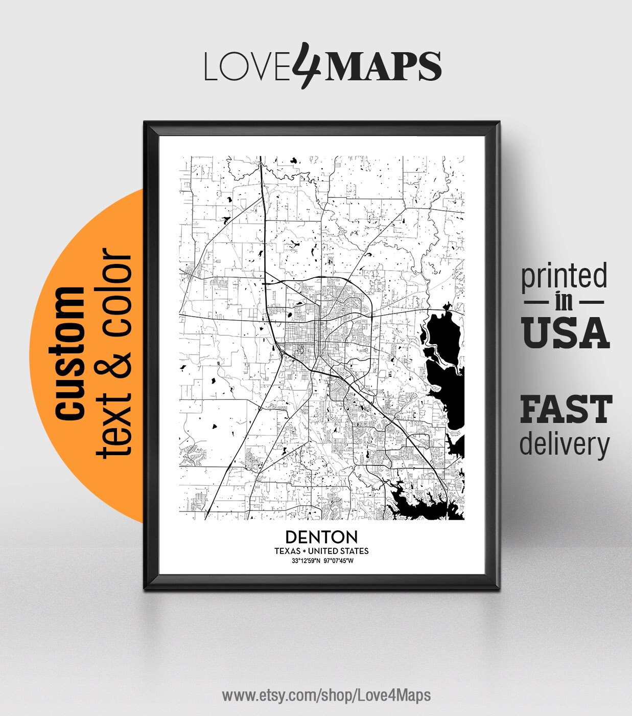 Denton Texas Map Denton City Print University of North | Etsy