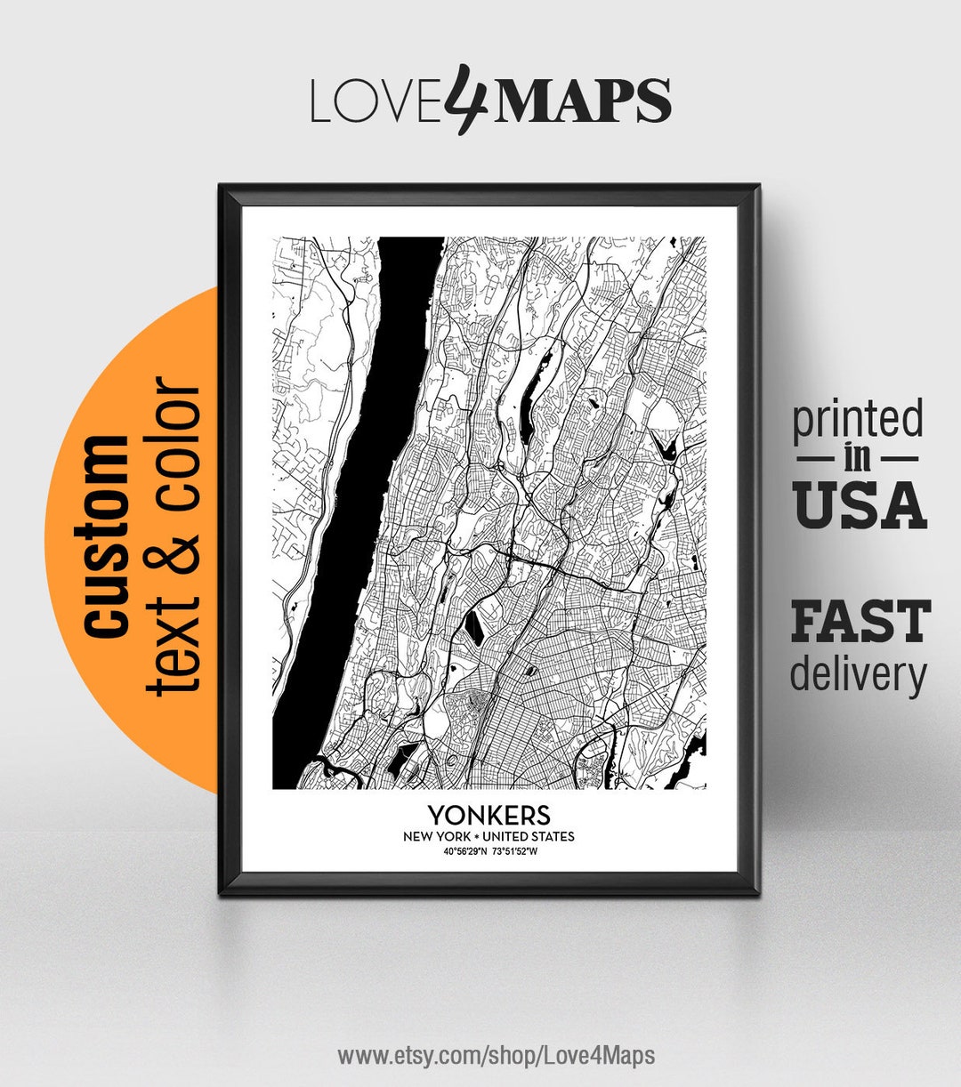 Yonkers New York Map, Yonkers City Print, Yonkers Poster, Personalized Wedding Map Art Gift for