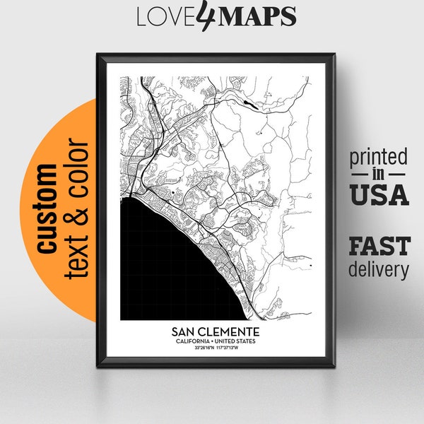 San Clemente California Map, San Clemente City Print, San Clemente Poster, Personalized Wedding Map Art, Gift For Couple, Custom city map