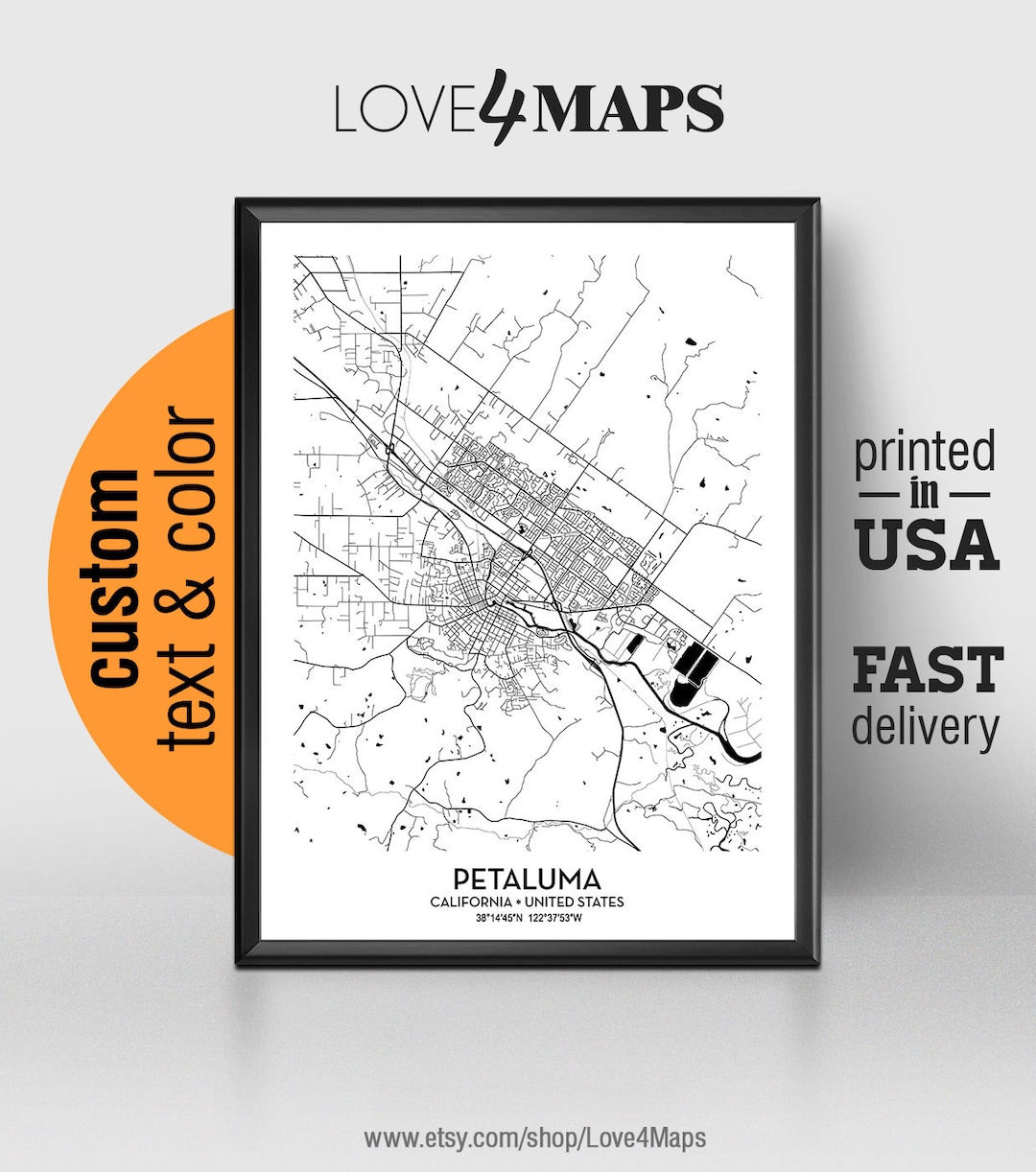 Petaluma California Map, Petaluma City Print, Petaluma Poster ...