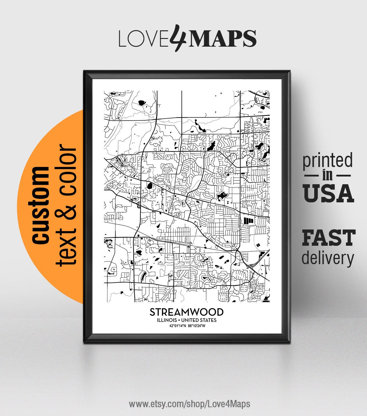 Streamwood Illinois Map Streamwood City Print Streamwood Etsy