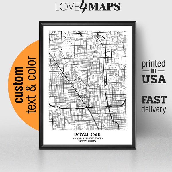 Royal Oak Michigan Map, Royal Oak City Print, Royal Oak Poster, Personalized Wedding Map Art, Gift For Couple, Custom city map