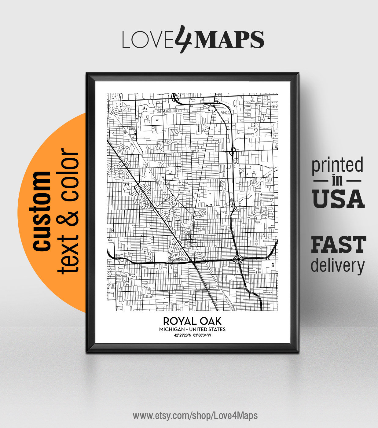Royal Oak Michigan Map Royal Oak City Print Royal Oak Etsy