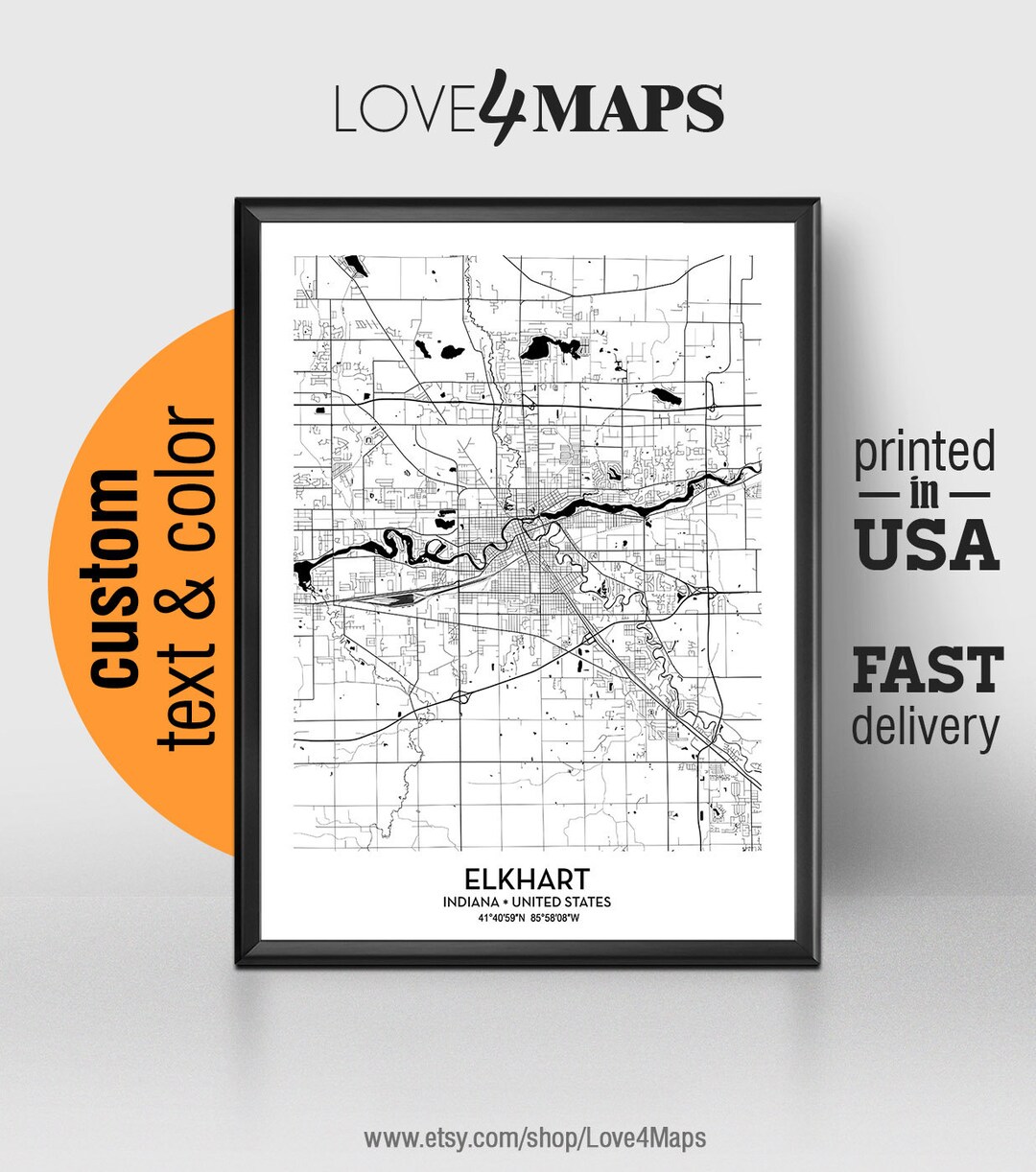Elkhart Indiana Map Elkhart City Print Elkhart Poster - Etsy