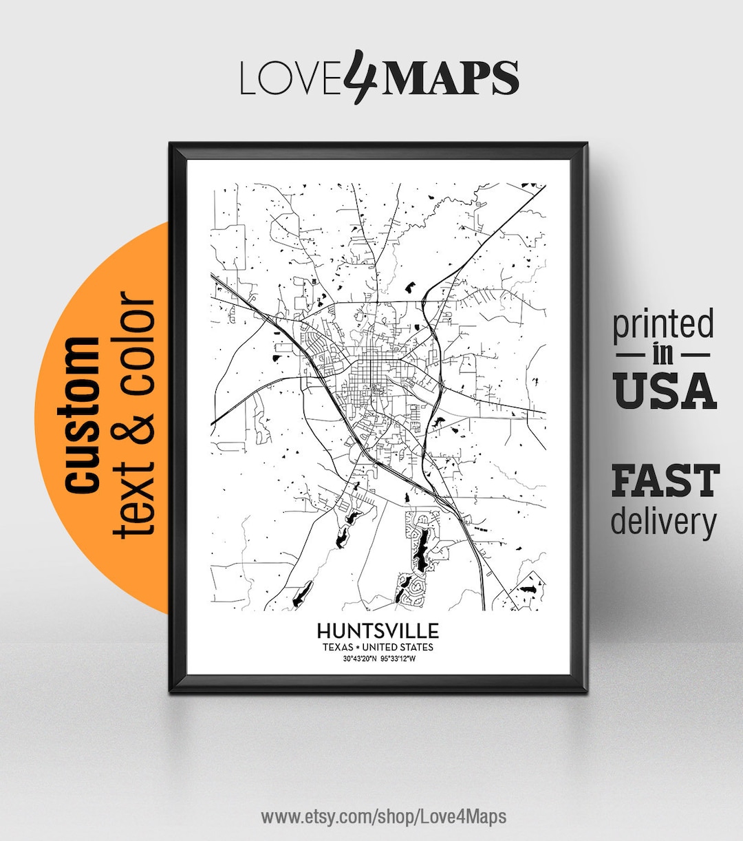 Huntsville Texas Map, Huntsville City Print, Huntsville Poster