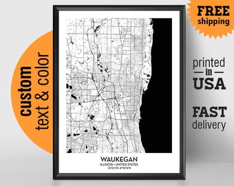 Waukegan Illinois Map, Waukegan City Print, Waukegan Poster, Personalized Wedding Map Art Gift For Couple, Custom city map