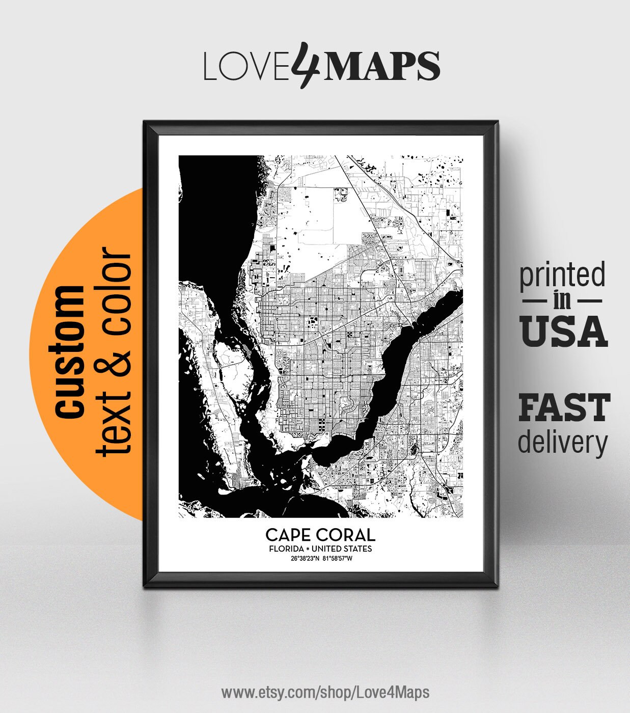 Cape Coral Florida Map Cape Coral City Print Cape Coral | Etsy