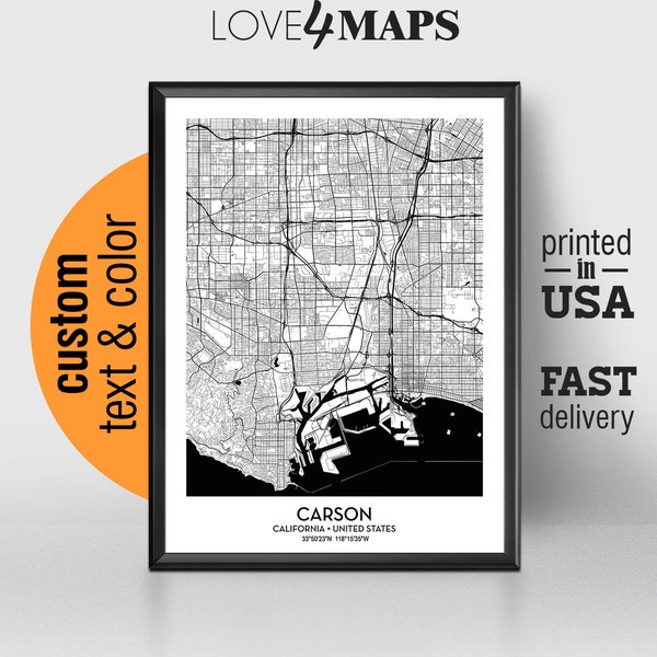 Carson California Map, Carson City Print, Carson Poster, Personalized Wedding Map Art Gift For Couple, Custom city map