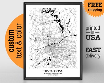 Tuscaloosa Alabama Map, Tuscaloosa City Print, Tuscaloosa Poster, Personalized Wedding Map Art Gift For Couple, University of Alabama