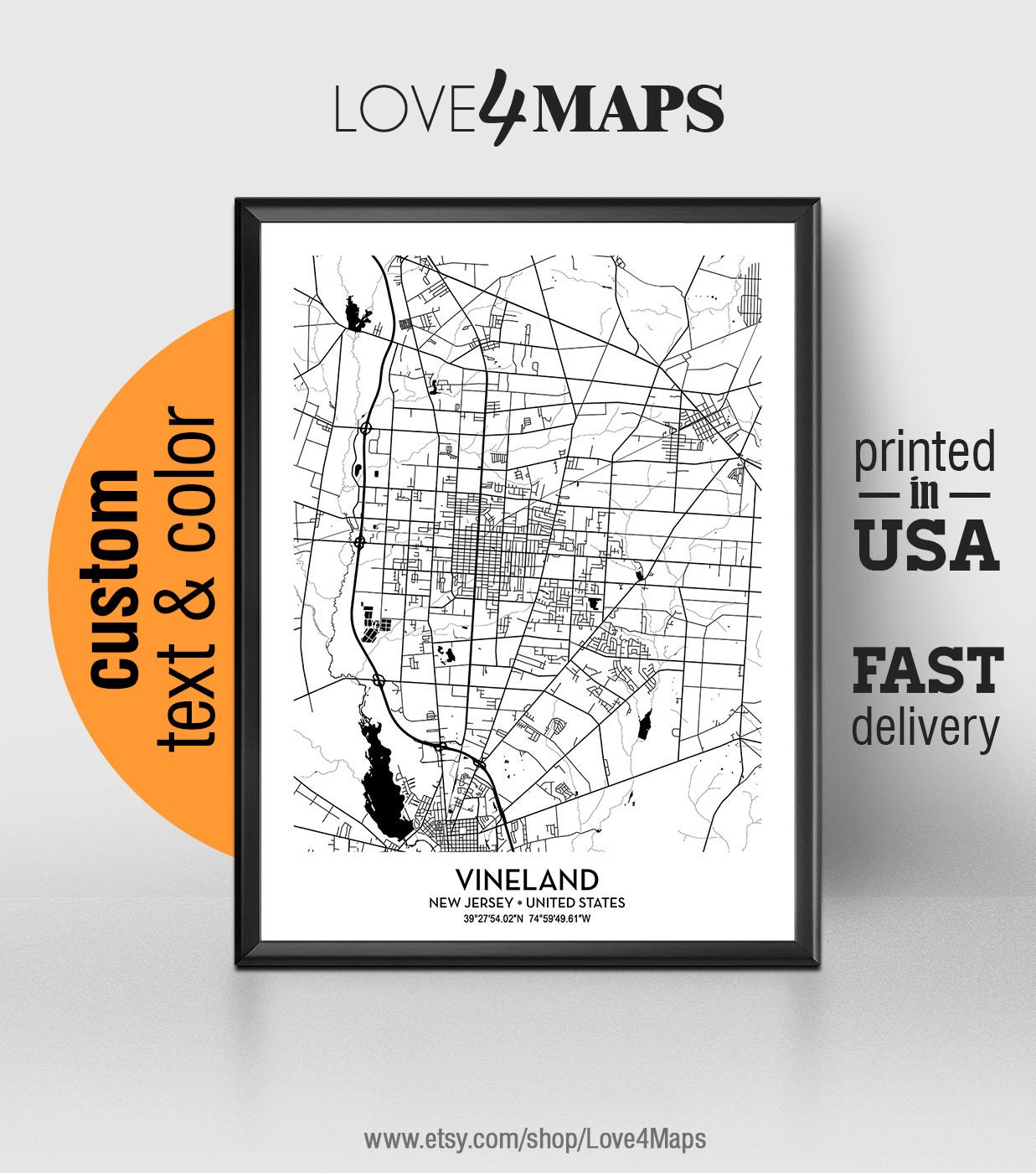 Vineland New Jersey Map Vineland City Print