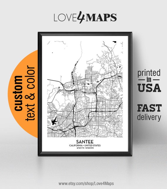 Santee California Map, Santee City Print, Santee Poster, Personalized  Wedding Map Art, Gift for Couple, Custom City Map 