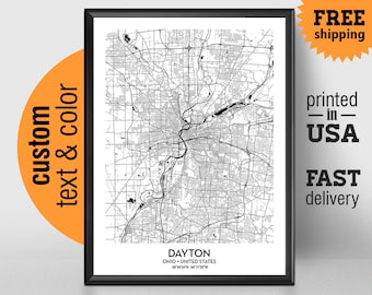 Dayton Ohio Map, Dayton City Print, Dayton Poster, Personalized Wedding Map Art Gift For Couple, Custom city map