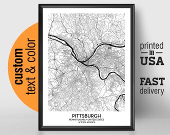 Pittsburgh Pennsylvania Map, Pittsburgh City Print Poster, Personalized Wedding Map Art Gift, Custom city map, University of Pittsburgh