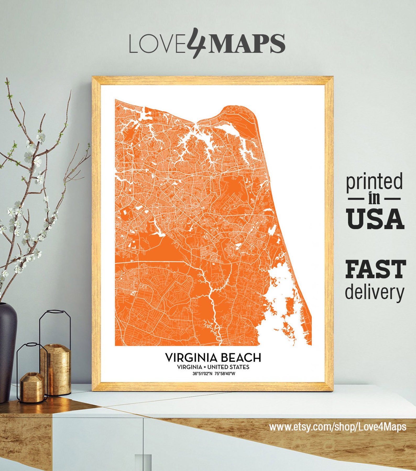Virginia Beach Map Print Wall Art Virginia Beach City Etsy