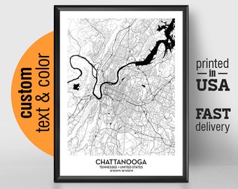 Chattanooga Tennessee Map, Chattanooga City Print Poster, Personalized Wedding Map Gift For Couple, University of Tennessee at Chattanooga