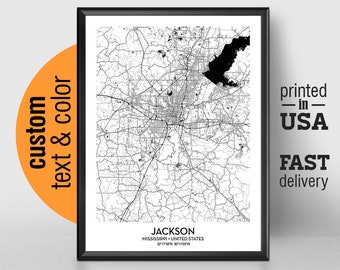 Jackson Mississippi Map, Jackson City Print, Jackson Poster, Personalized Wedding Map Art Gift For Couple, Custom city map