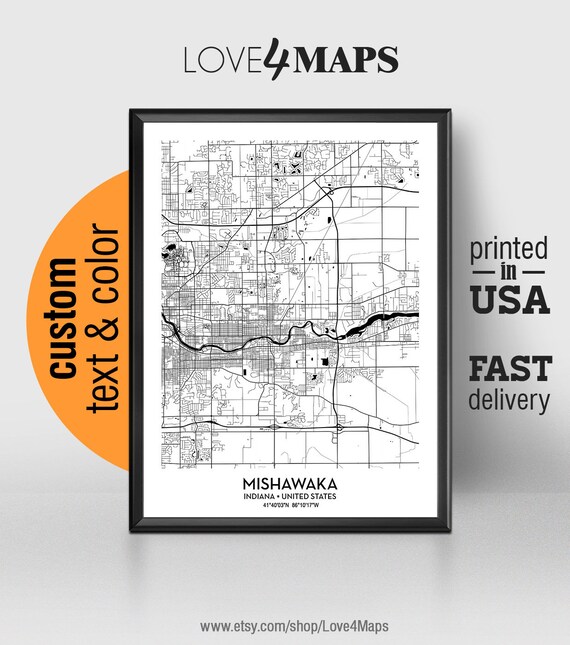 Mishawaka Indiana Map Mishawaka City Print Mishawaka Poster | Etsy