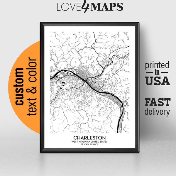 Charleston West Virginia Map, Charleston City Print, Charleston Poster, Personalized Wedding Map Art, Gift For Couple, Custom city map